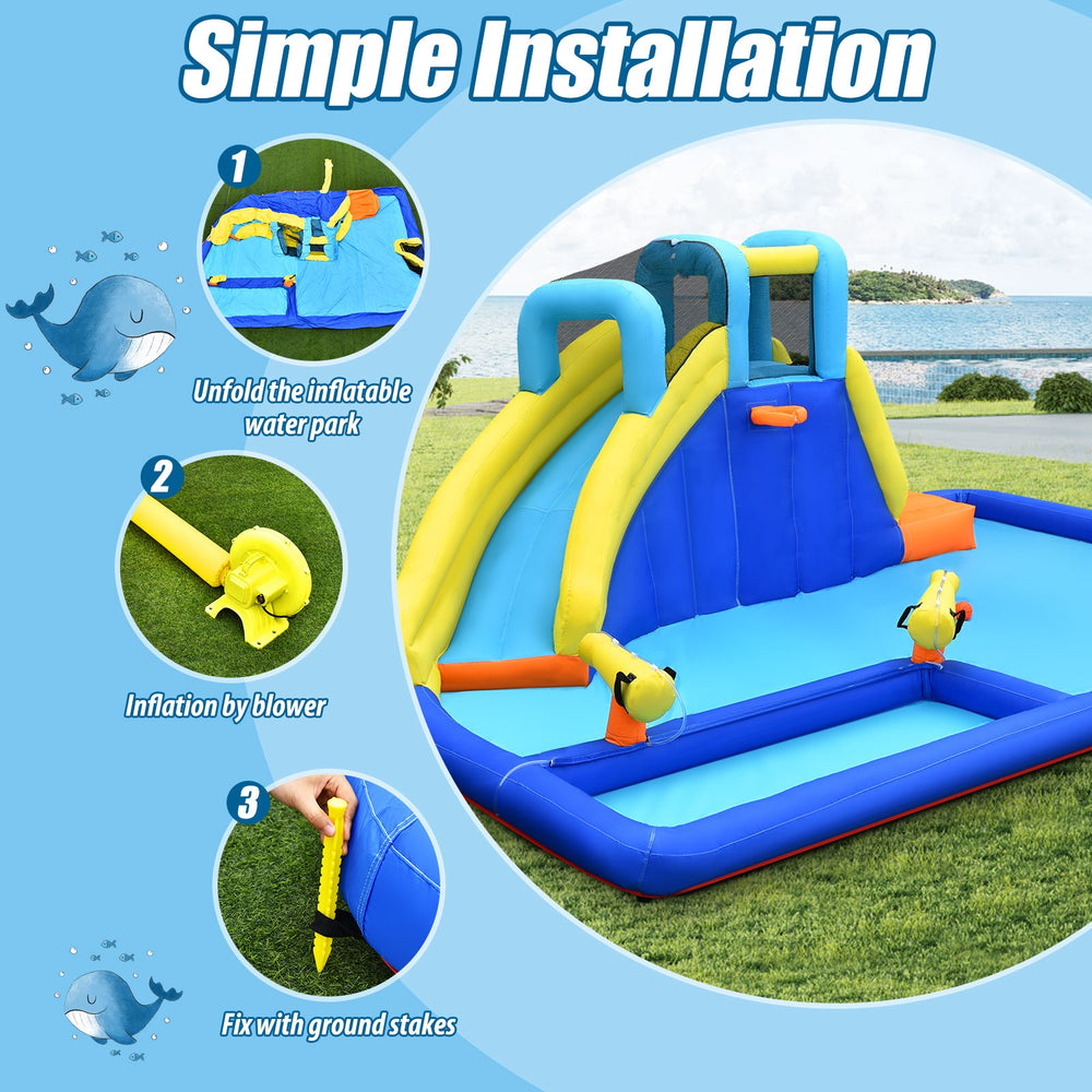 Inflatable water slide jumping house with water sprinkle function, durable oxford cloth, and easy inflation for summer.