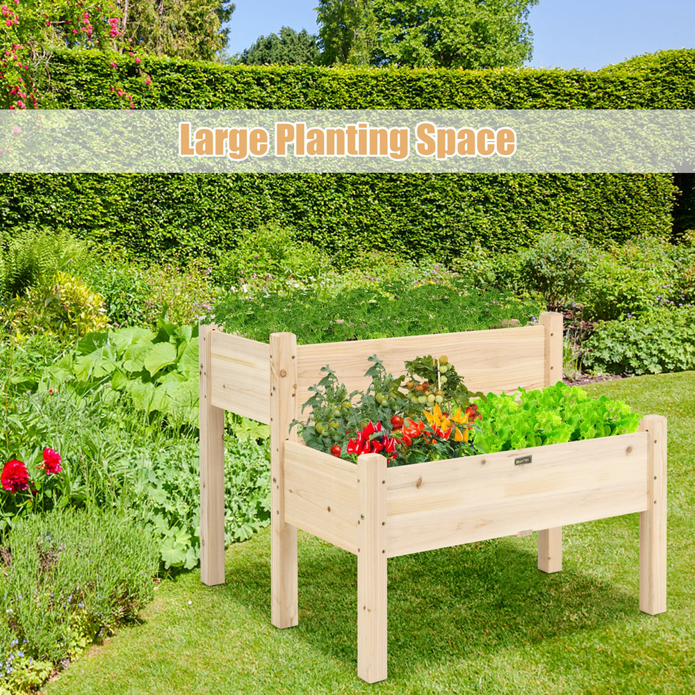 2-tier wooden elevated planter box with legs, made of fir wood, ideal for balcony and yard gardening with drainage.