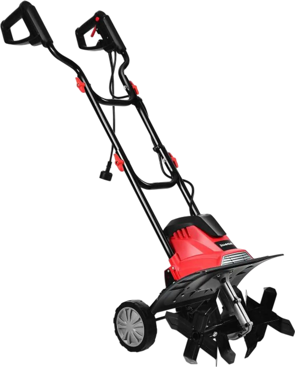 14-inch corded electric tiller with a 10-amp motor, designed for small gardens, featuring ergonomic handles and wheels.