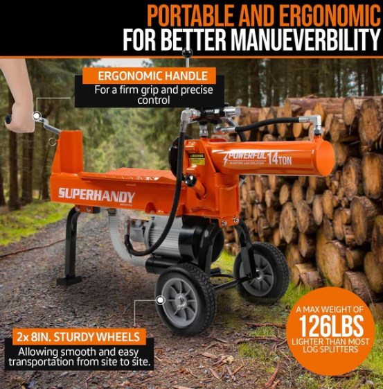 Super Handy GCAO024 Log Splitter 14-Ton Horizontal Portable Electric 120V 15Ah 2.5HP Motor New Canada Only