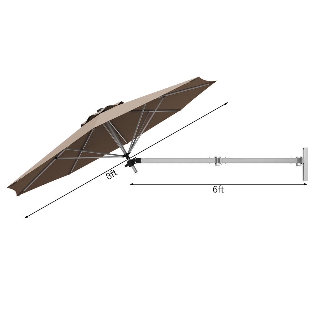 Dimensions of the 8ft wall-mounted tan sun shade umbrella with adjustable tilt, perfect for maximizing outdoor space.