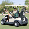 Golf cart bag with 14 dividers and 7 zippered pockets, including a cooler, designed for easy transport on the course.