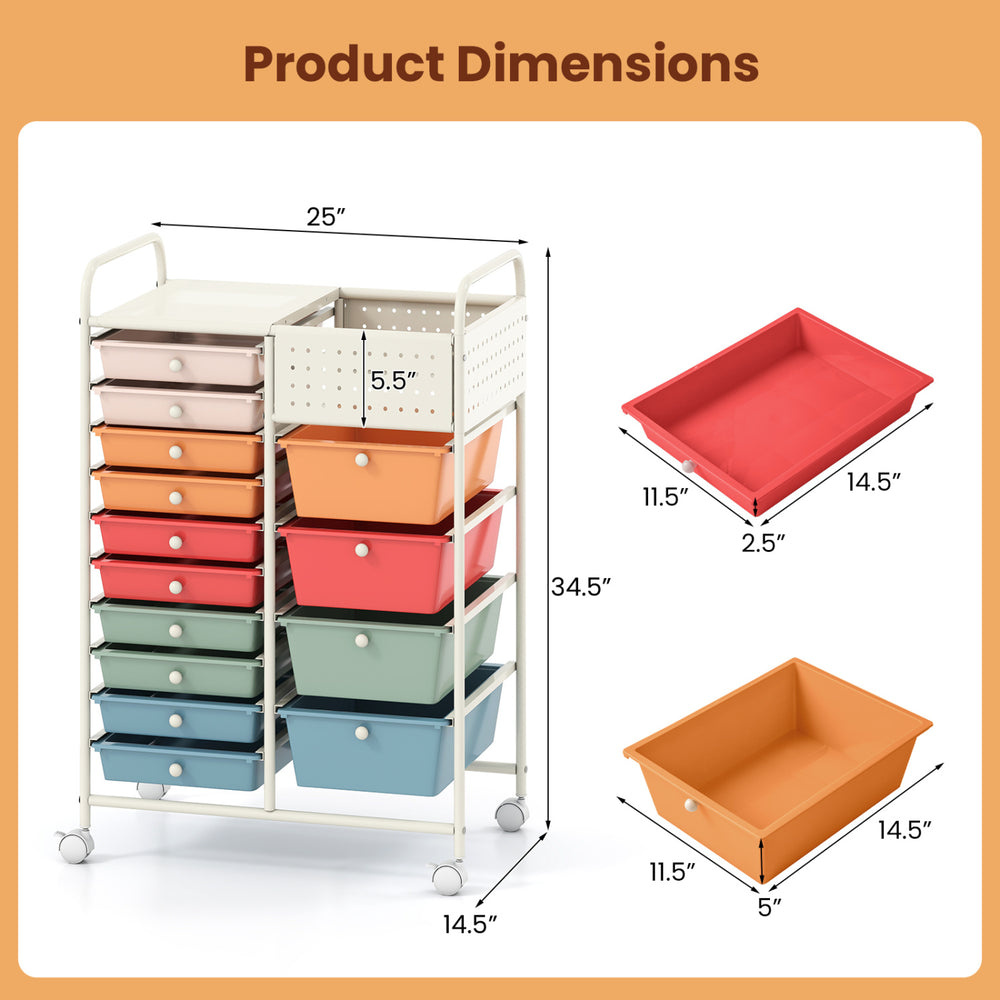 Detailed dimensions of the 14-drawer rolling storage cart, showcasing the size and layout of each drawer for efficient.