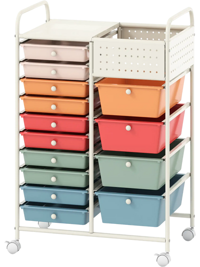Costway 14-Drawer Rolling Storage Cart w/ Metal Tabletop & Pegboard 30233372 New