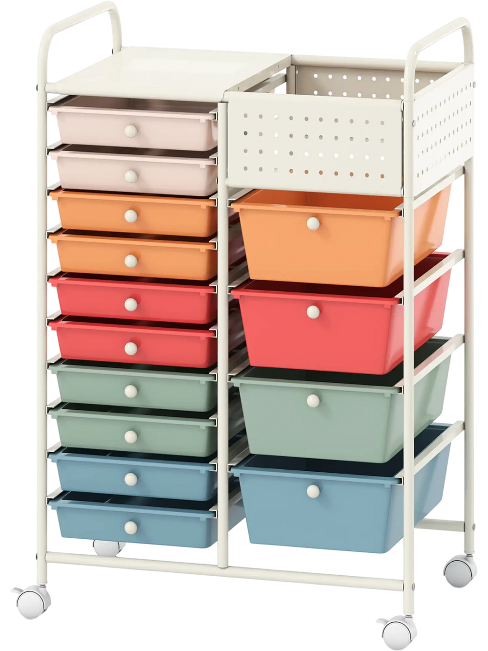 14-drawer rolling storage cart with metal tabletop, pegboard, and colorful drawers for versatile organization in any.