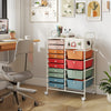 14-drawer rolling storage cart with metal tabletop and pegboard, featuring colorful drawers for versatile organization.