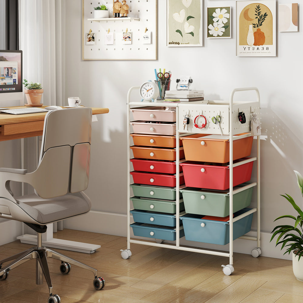 14-drawer rolling storage cart with metal tabletop and pegboard, featuring colorful drawers for versatile organization.
