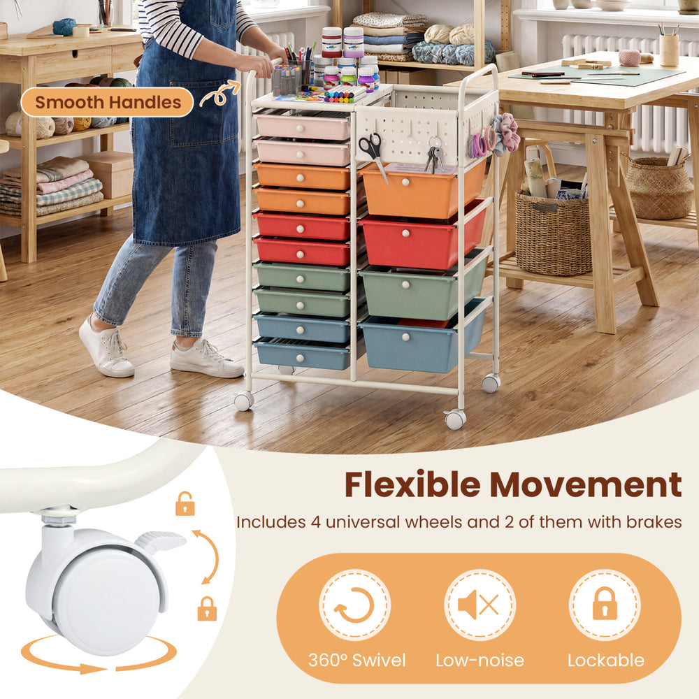 14-drawer rolling storage cart with metal tabletop, pegboard, and smooth wheels for easy organization in various spaces.