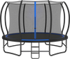 14 FT outdoor recreational trampoline with a dense mesh enclosure and 4 stabilizer bars for safe backyard fun.