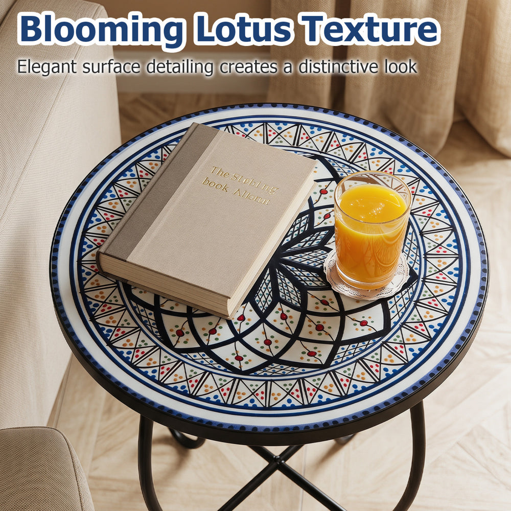 14" floral mosaic patio accent coffee table with blooming lotus texture, ideal for outdoor or indoor use.