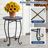 14" floral mosaic patio accent table with robust metal frame and stable X base, ideal for outdoor or indoor use.
