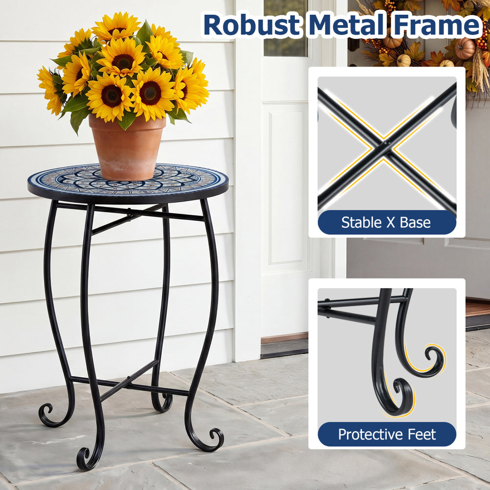 14" floral mosaic patio accent table with robust metal frame and stable X base, ideal for outdoor or indoor use.