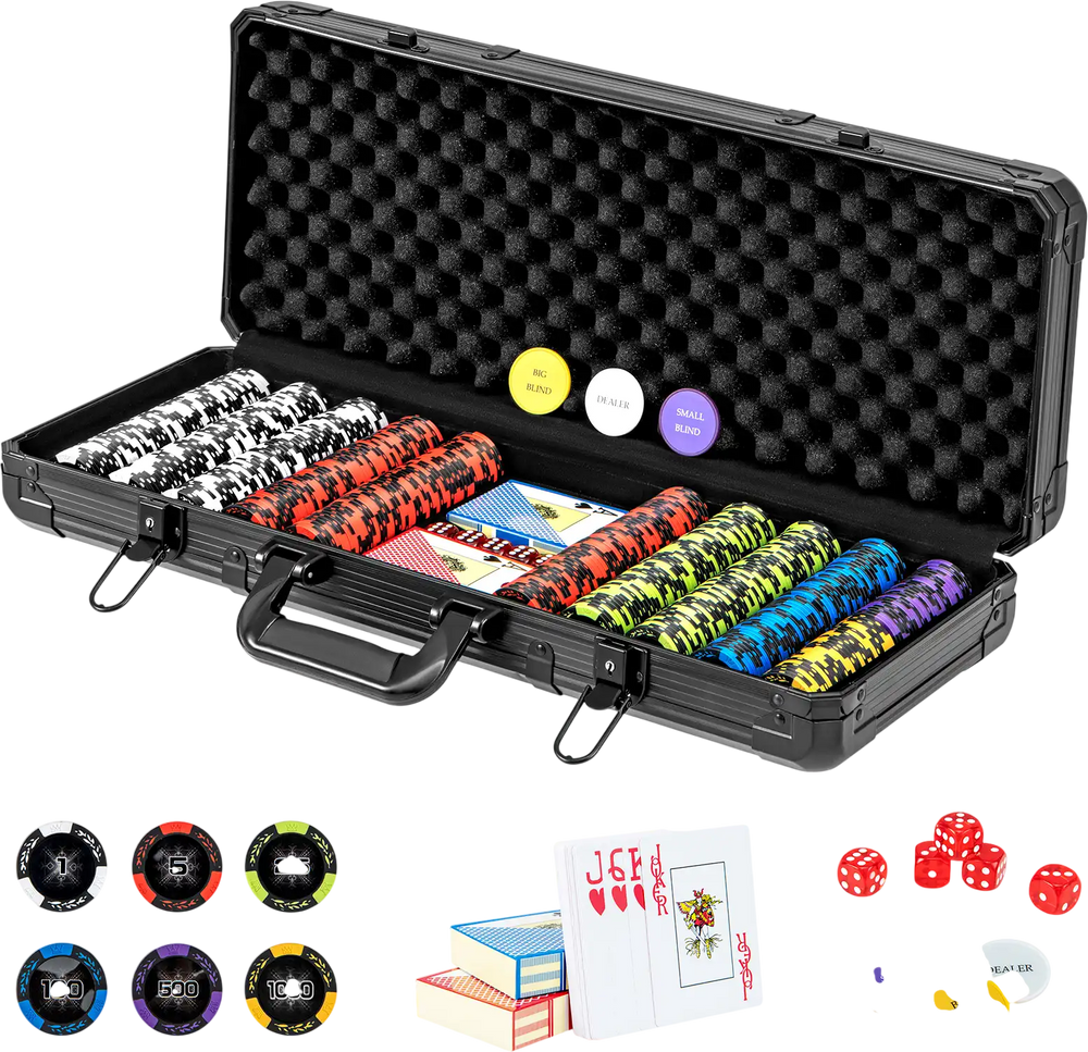 14 gram Texas Holdem poker chip set in a carrying case, featuring chips, playing cards, and accessories for game nights.