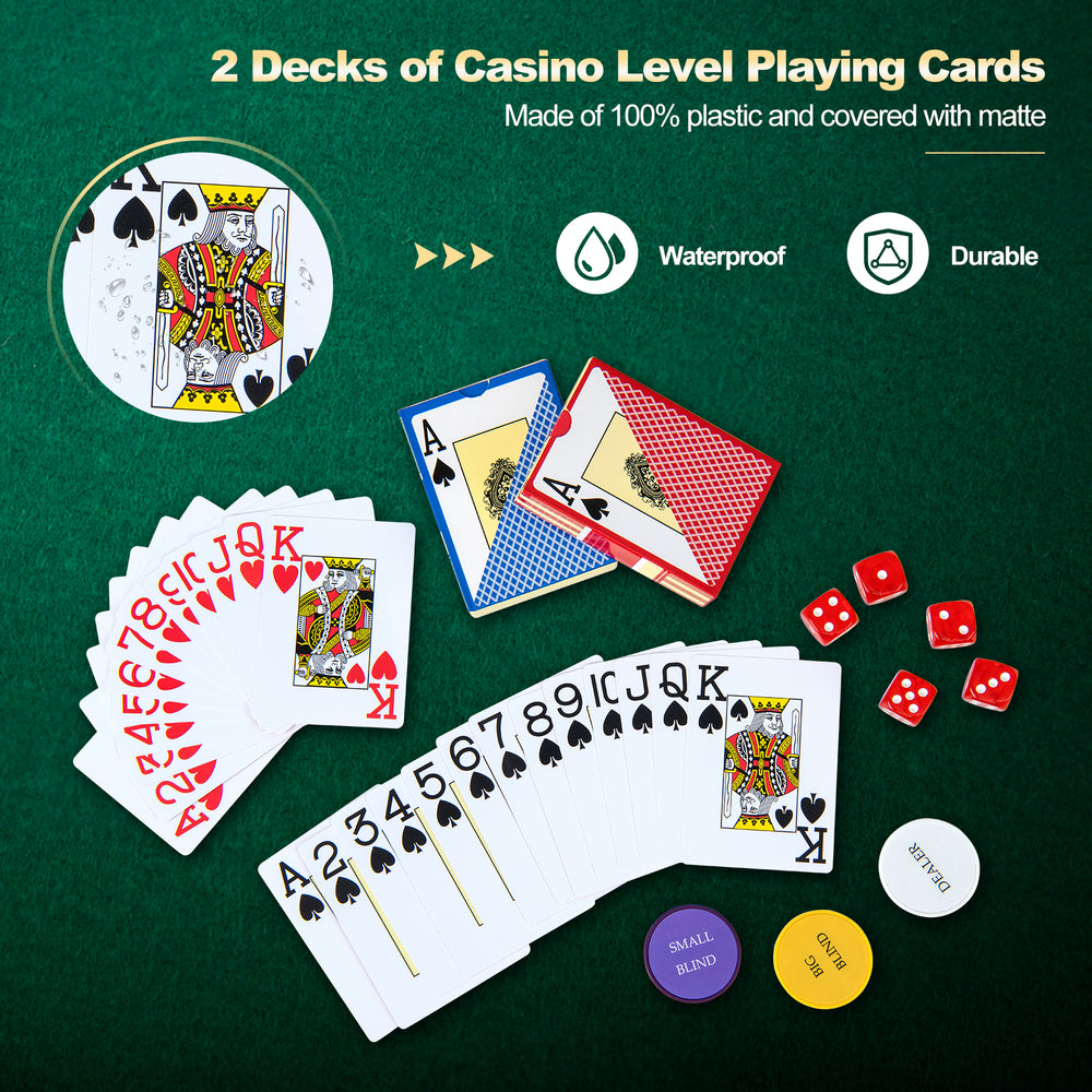 Two decks of durable, waterproof playing cards with poker chips, ideal for casino-level games and gatherings.