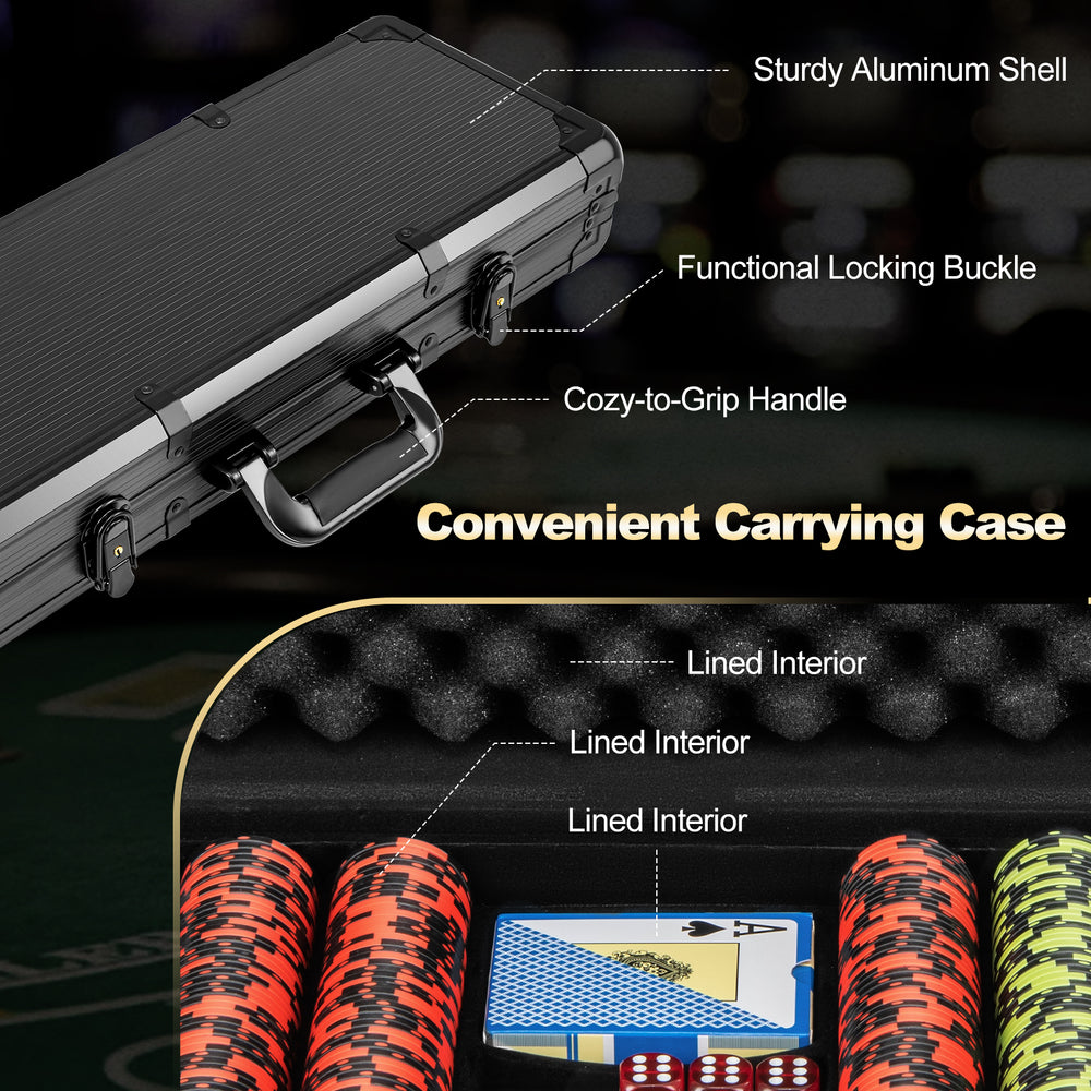 Convenient carrying case for 14 gram Texas Holdem poker chip set, featuring sturdy aluminum shell and lined interior.