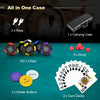 Complete 14-gram Texas Holdem poker chip set with carrying case, chips, dice, and playing cards for casino-style games.