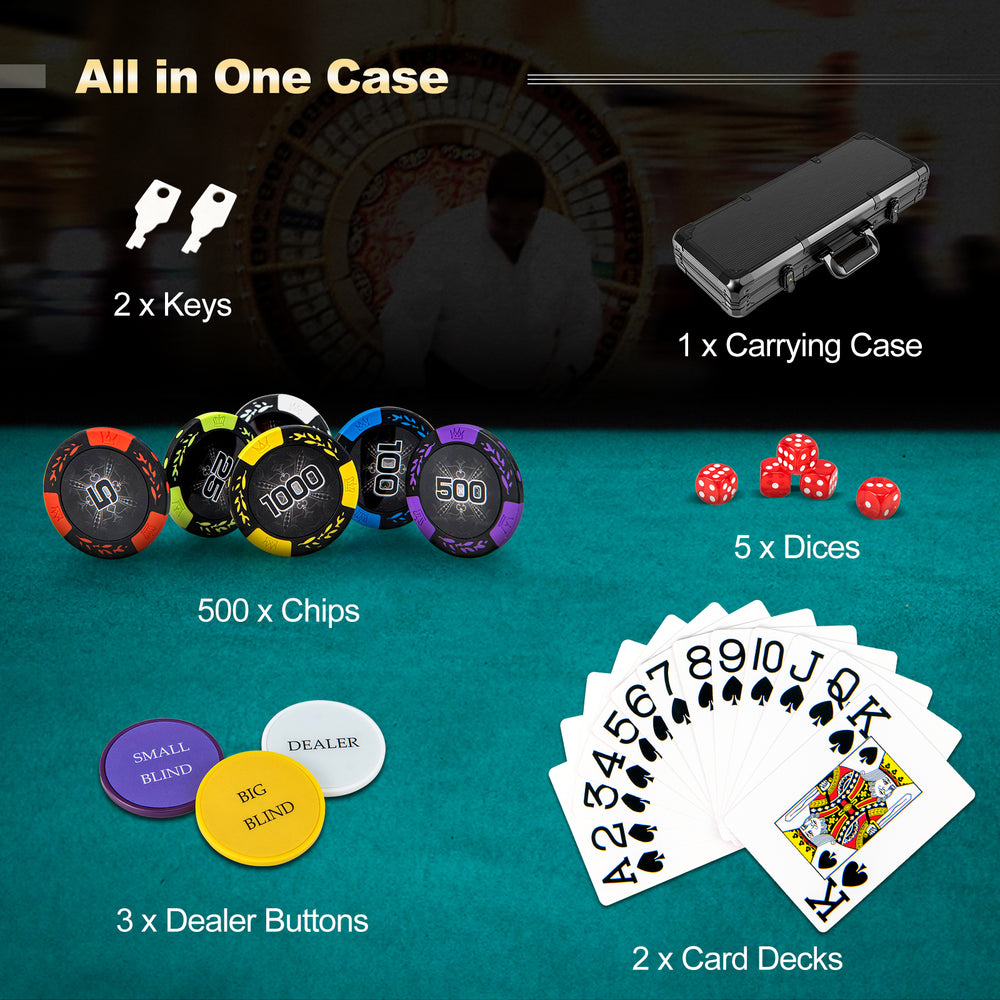 Complete 14-gram Texas Holdem poker chip set with carrying case, chips, dice, and playing cards for casino-style games.