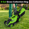 14-inch corded electric lawn mower with 12-amp motor and 8-gallon grass collection bag for efficient mowing.