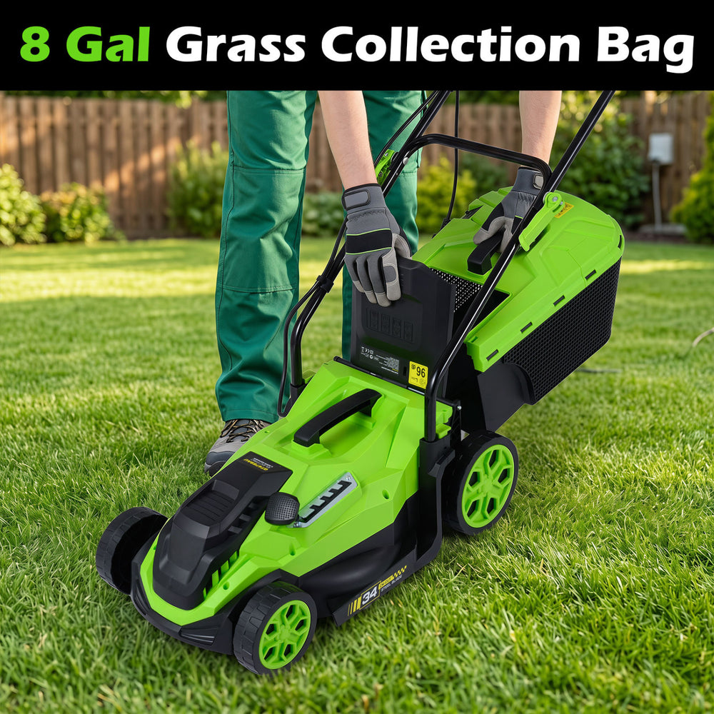 14-inch corded electric lawn mower with 12-amp motor and 8-gallon grass collection bag for efficient mowing.