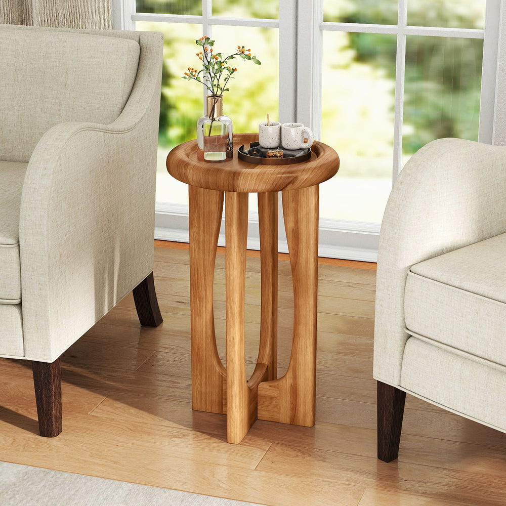 Round tray top end table made of solid mahogany with cross legs, perfect for living room or patio use.