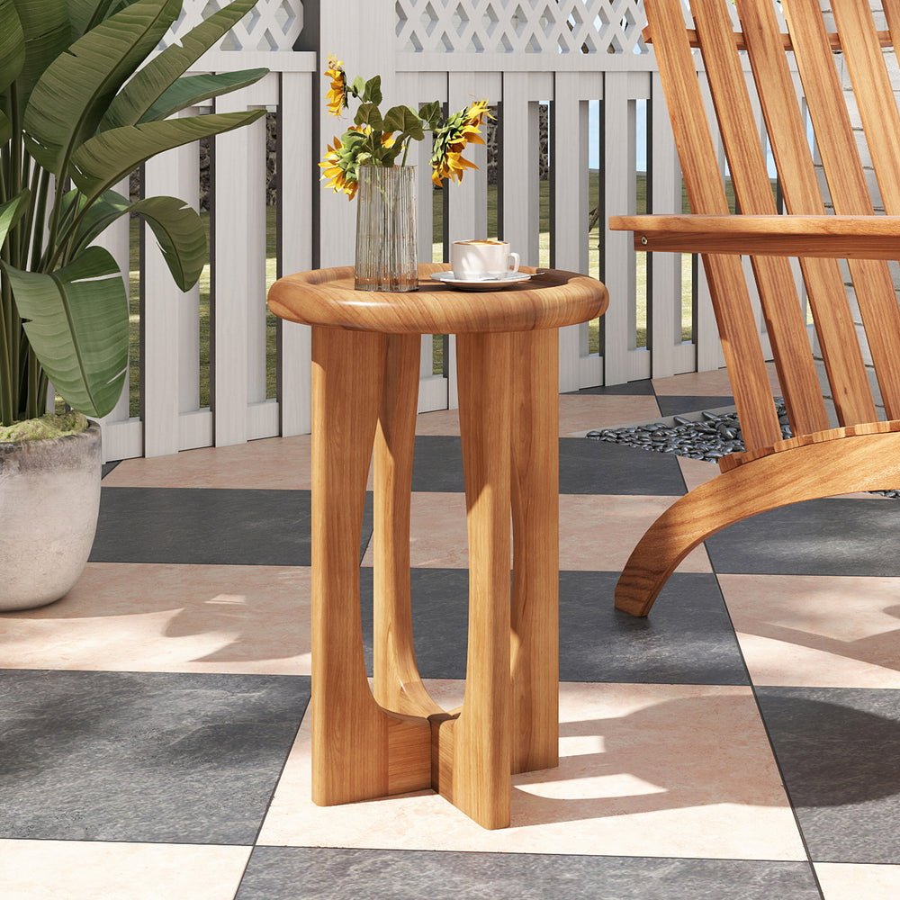 Round tray top end table made of solid mahogany with cross legs, perfect for snacks in living rooms or patios.
