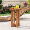 Round 14-inch farmhouse end table made of solid mahogany with cross legs, perfect for snacks and drinks on the patio.