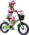 14-inch green girls bike with a basket, adjustable seat, training wheels, and safety features for kids aged 3-5.