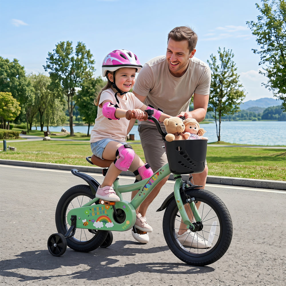 14-inch green girls bike features a soft padded seat and easy-to-grip handle, perfect for young riders aged 3-5 years.