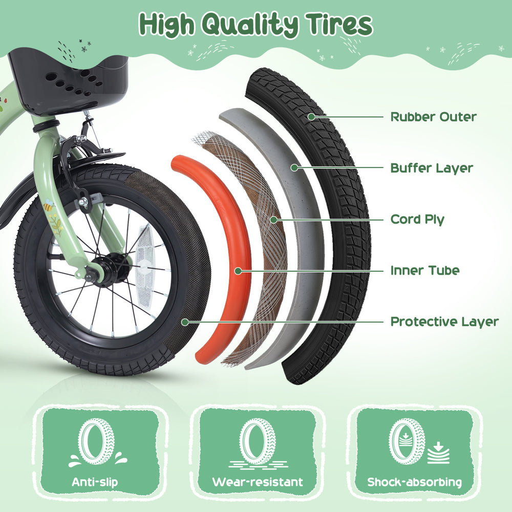 14-inch girls bike features high-quality 5-layered tires that are anti-slip, wear-resistant, and shock-absorbing for safety.