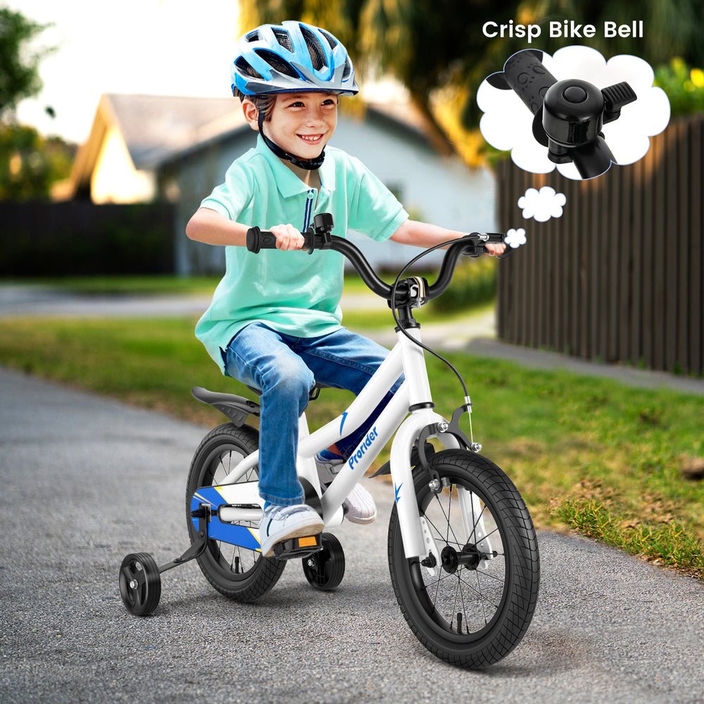 14-inch kids bike in white with adjustable seat, training wheels, and hand brake, perfect for ages 3-5 years.
