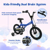 14-inch navy kids bike with removable training wheels, handbrakes, and enclosed chain guard for safe riding.