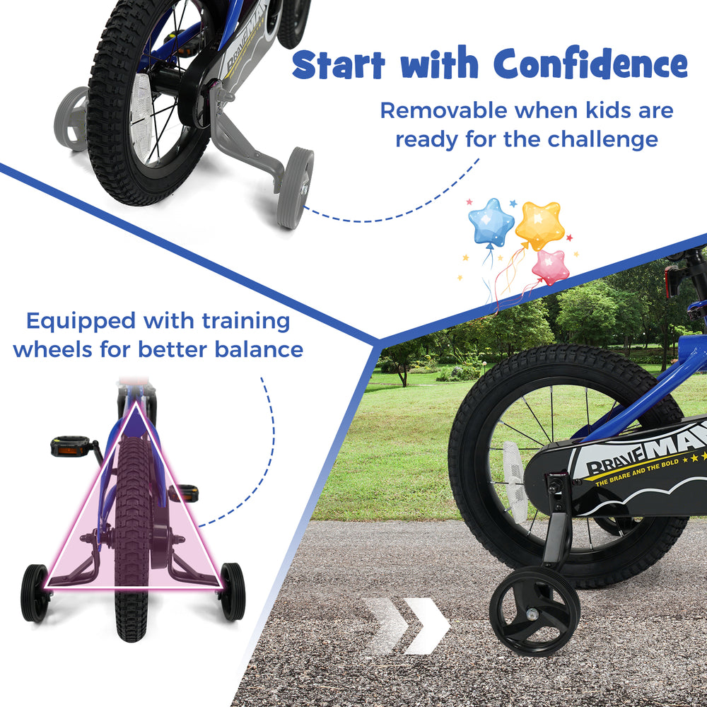 Close-up view of the training wheels on a 14-inch navy kids bike, designed for better balance and stability while.