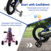 Close-up view of the training wheels on a 14-inch navy kids bike, designed for better balance and stability while.
