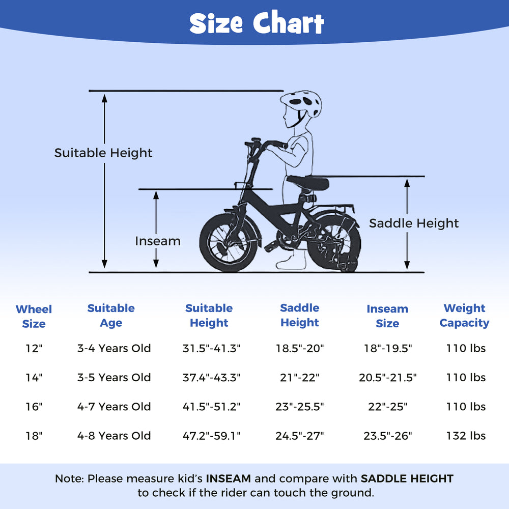 Size chart for 14-inch kids bike, detailing suitable height, inseam, and saddle height for optimal fit and safety.