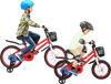 Two kids riding 14-inch red bikes with adjustable seats and handlebars, featuring training wheels and storage baskets.