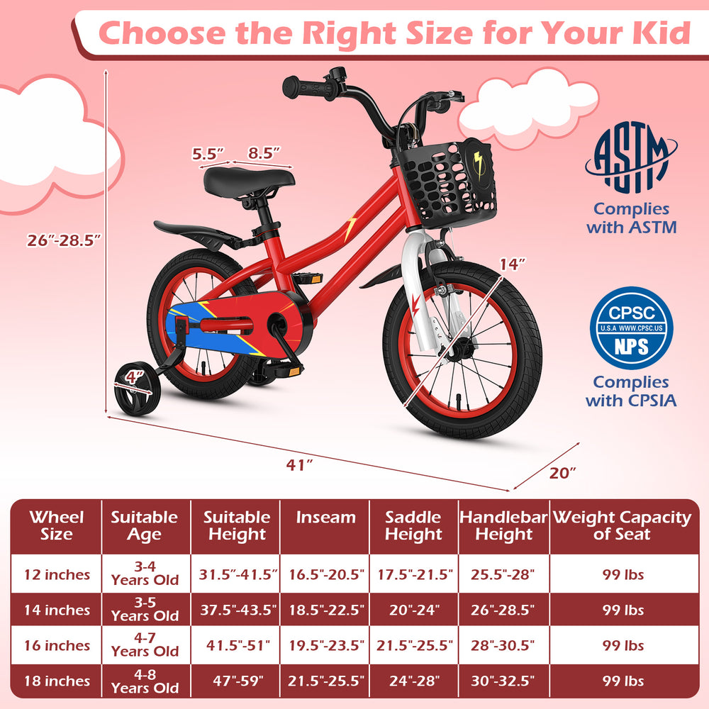 14-inch kids bike in red with adjustable seat and handlebar, featuring a removable basket for toys and snacks.