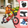 14-inch red kids bike with removable storage basket, adjustable seat, and stable training wheels for beginner riders.