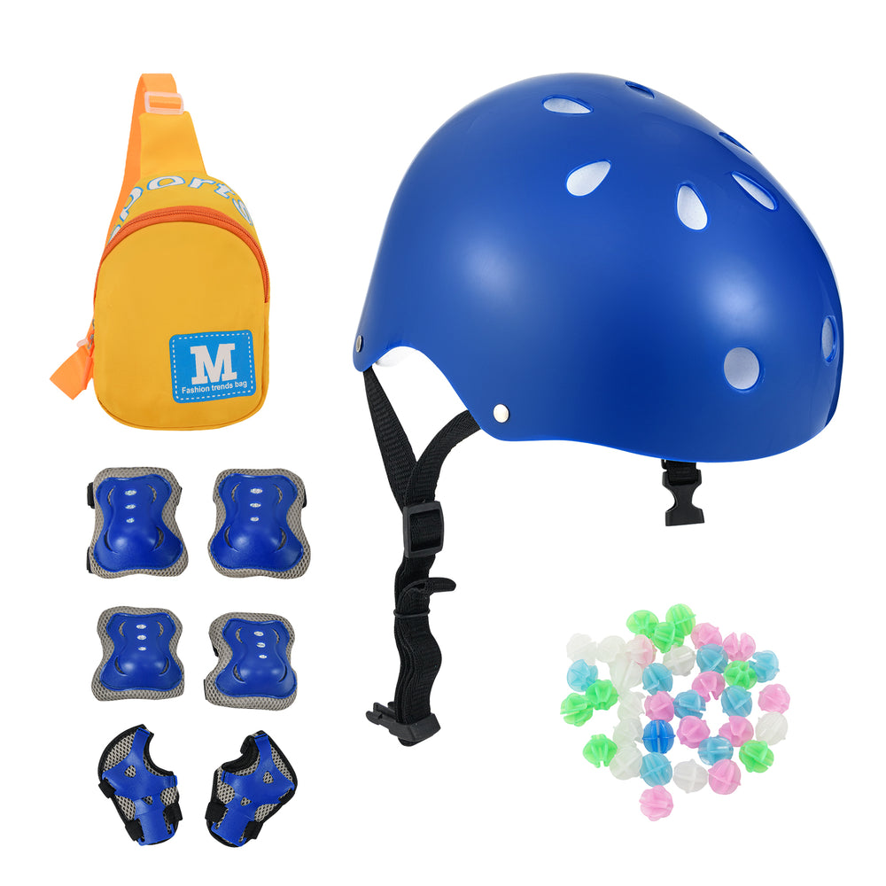 Blue helmet protective set with knee and elbow pads, ideal for kids biking safety and outdoor fun.