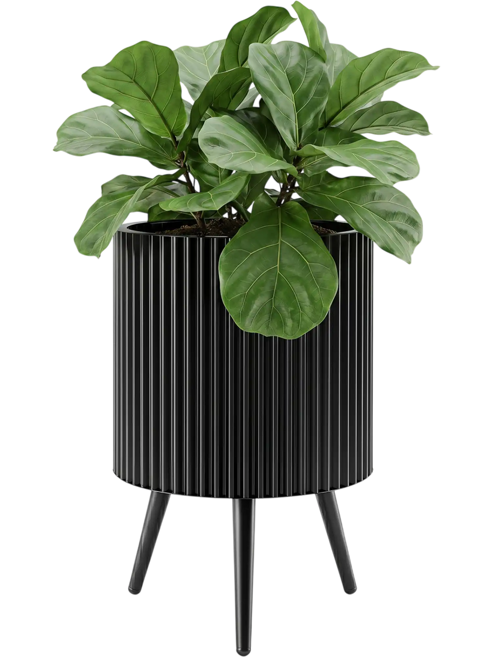 Fluted black metal plant pot with tapered legs, designed for indoor and outdoor use, enhancing plant growth and decor.