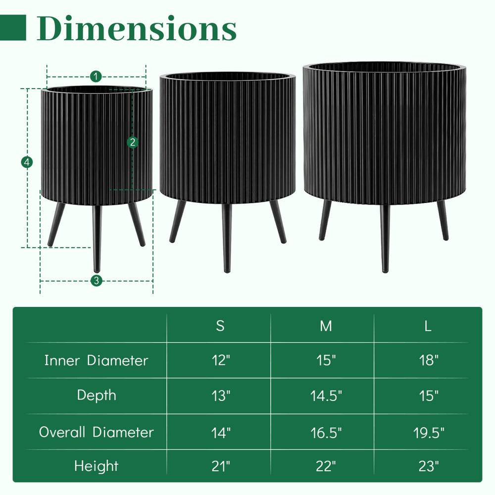 Fluted black metal plant pot with tapered legs, 14-inch diameter, ideal for indoor and outdoor gardening.