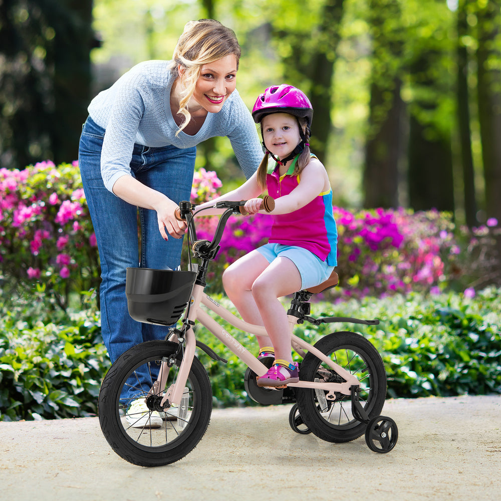 14-inch kids bike with basket, adjustable handlebar, and training wheels, perfect for ages 3-5, shown in a park setting.