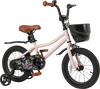 14-inch kids bike in pink with basket, adjustable handlebar, dual brakes, and removable training wheels for ages 3-5.