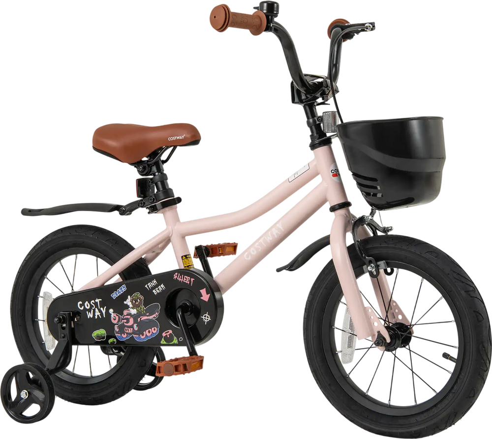 14-inch kids bike in pink with basket, adjustable handlebar, dual brakes, and removable training wheels for ages 3-5.