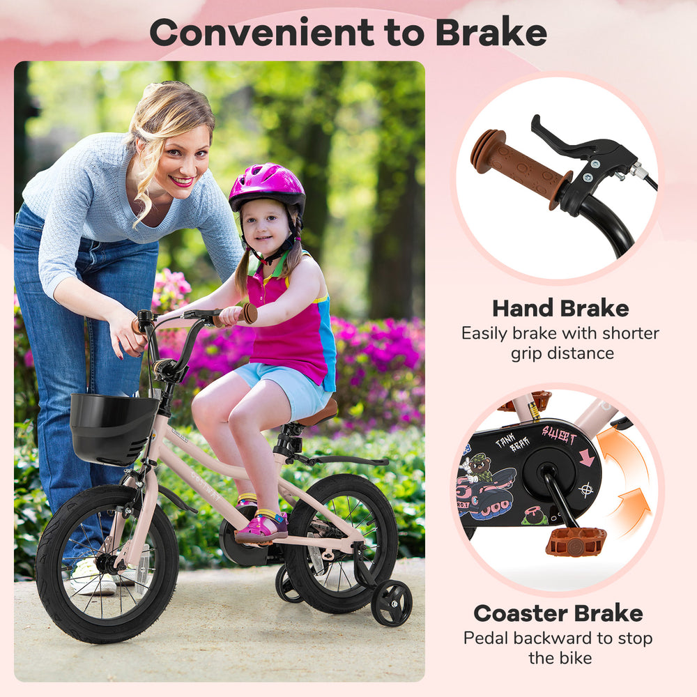 14-inch kids bike with basket, adjustable handlebar, hand brake, and training wheels for ages 3-5, perfect for safe.