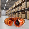 14" industrial blower fan with a 25 ft flexible duct hose, designed for efficient air circulation in demanding environments.
