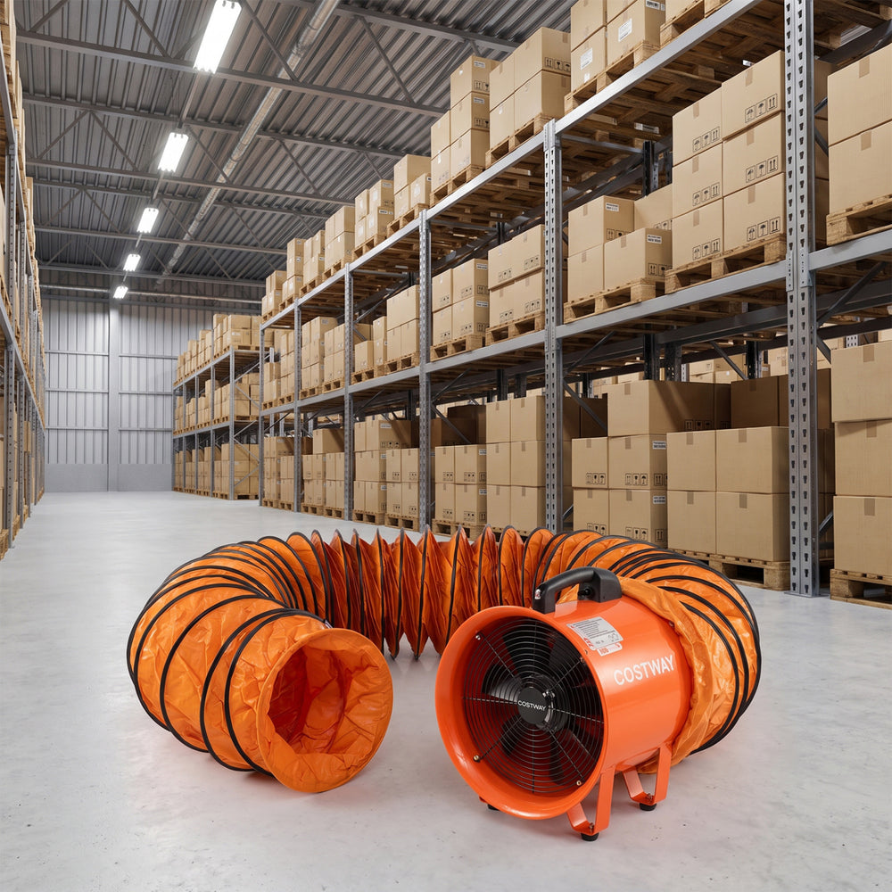 14" industrial blower fan with a 25 ft flexible duct hose, designed for efficient air circulation in demanding environments.