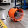 14" industrial blower fan in orange with a 25 ft flexible duct hose, designed for efficient air circulation in demanding environments.