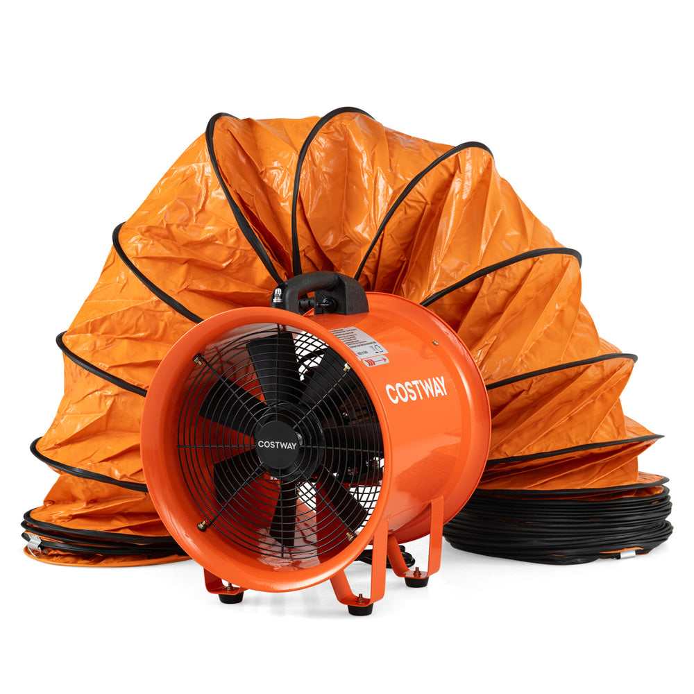 14" industrial blower fan in orange with 25 ft flexible duct hose, ideal for ventilation in warehouses and factories.