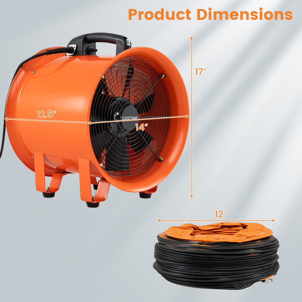 14-inch industrial blower fan in orange with a 25 ft flexible duct hose, designed for efficient air circulation and easy storage.