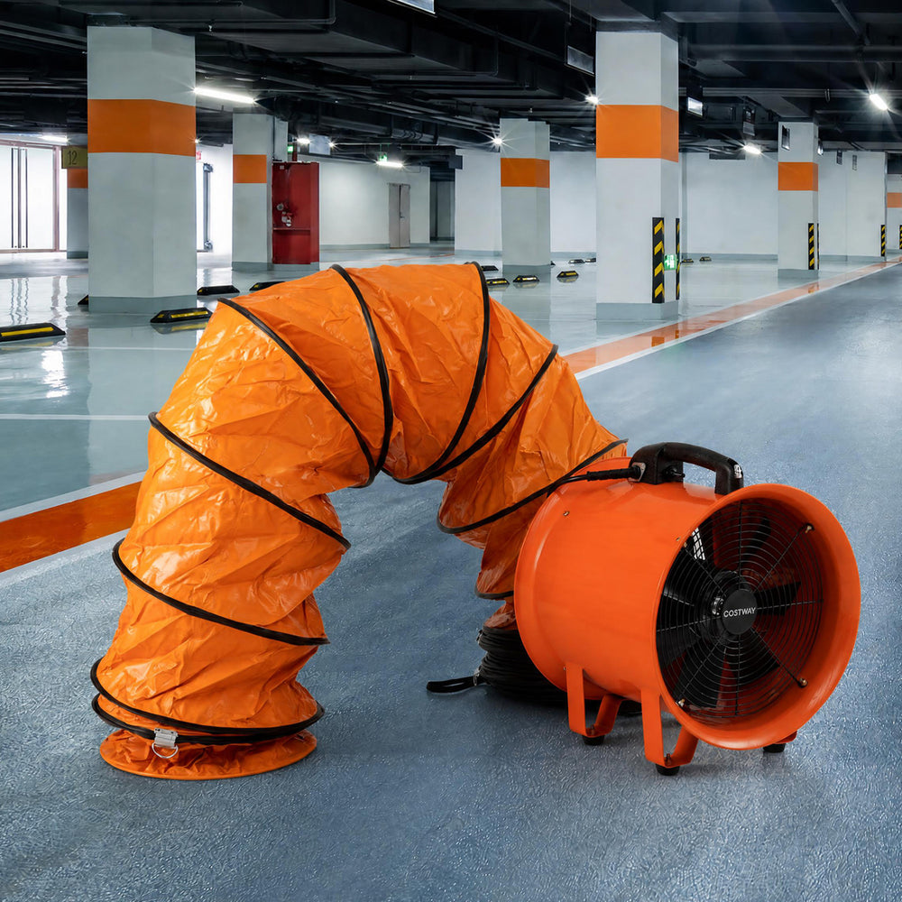 14" industrial blower fan with a 25 ft flexible orange duct hose for efficient air circulation in demanding environments.